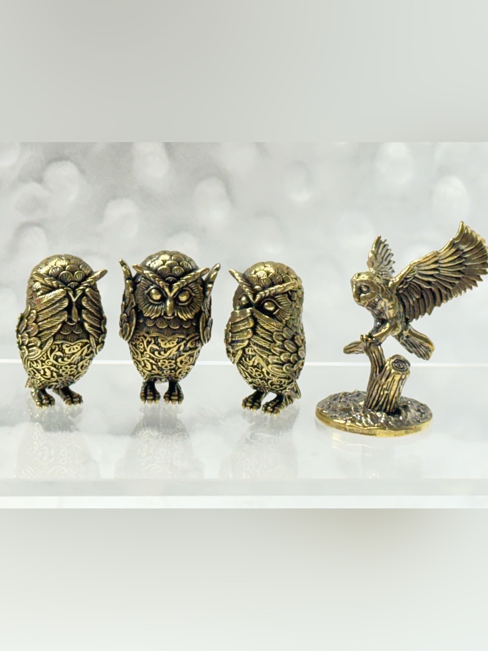 Brass See No Evil, Hear No Evil, Speak No Evil Owl Figurine Set